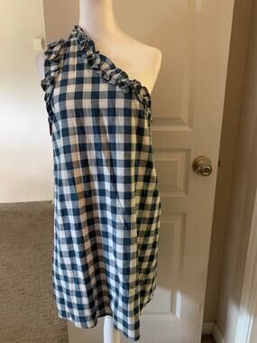 entro Navy and White Gingham One-Shoulder Midi Dress